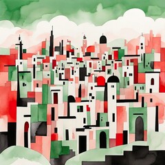 Abstract vibrant geometric watercolour art. Multicoloured shapes, elements creates ancient arabic city architecture. Square retro wallpaper. Abstract town buildings. Urban old business houses.