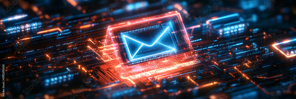 Aufkleber a futuristic digital representation of a spam alert with a glowing envelope symbol on a circuit boar