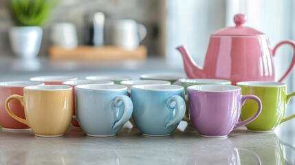 Fototapeta premium Colorful ceramic cups with tea and a teapot on a kitchen counter