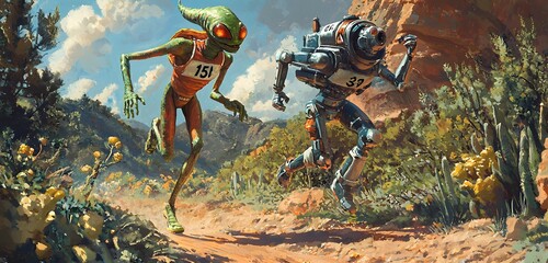 Alien and robot race mountain trail digital art outdoor dynamic perspective sci-fi adventure