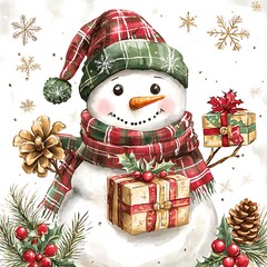 Cheerful snowman decorates holiday scene with gifts and festive accents for joyful winter celebrations