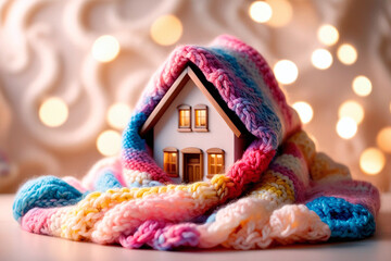 a miniature house, which is covered with a knitted scarf with colorful stripes. The scarf wraps around the house, creating an impression of comfort and warmth