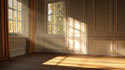 A serene, sunlit room featuring large windows, warm wooden floors, and soft curtains, creating a peaceful and inviting atmosphere.
