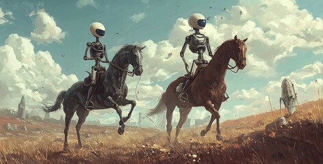 Riding robots futuristic landscape digital art open fields side view surreal adventure