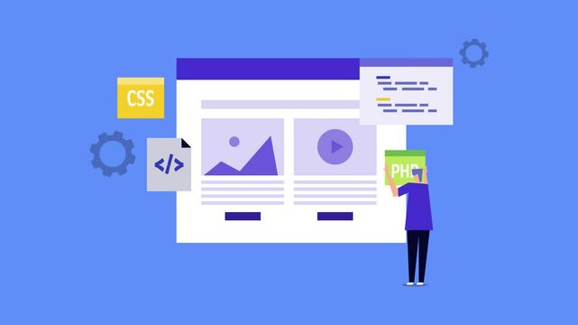 Software programmer with PHP coding script in hand, web application development concept, video animation.