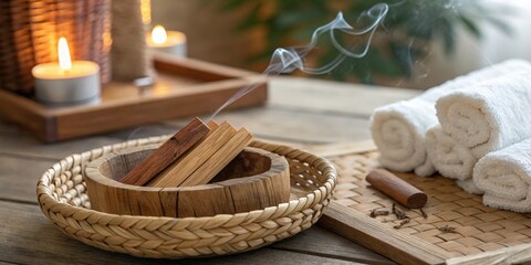 Burning Incense Sticks in Woven Basket with Spa Towels