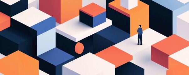 Obraz premium A person stands among colorful geometric shapes, exploring a vibrant, abstract environment filled with blocks and patterns.