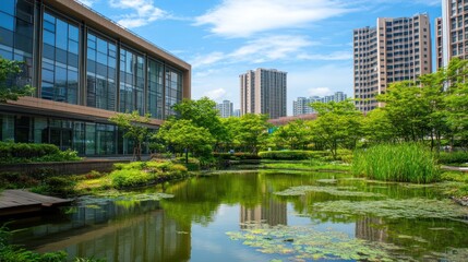 Fototapeta premium A serene urban park with a pond, surrounded by buildings and lush greenery.