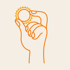 Vector simple linear illustration, hand poster, logo, print design template, hand drawn hand holding flower, gesture in minimal modern art style