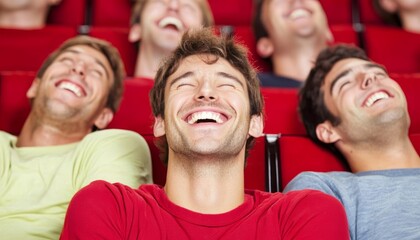 Obraz premium A group of men laughing joyfully in a theater, capturing the essence of fun and shared enjoyment.