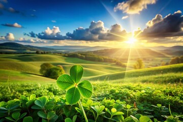 Lush Green Landscape Featuring a Vibrant Three-Leaf Clover Under a Clear Blue Sky with Rolling Hills and Sunlight Filtering Through the Leaves, Perfect for Nature and St. Patrick's Day Themes