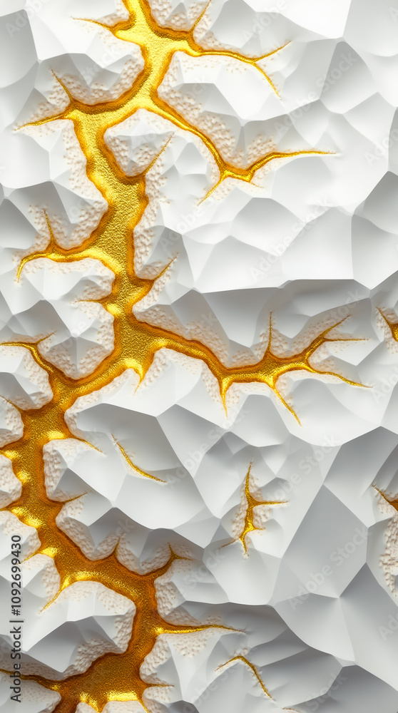 Poster close-up view of a textured surface showcasing small triangular and polygonal gold facets against a 