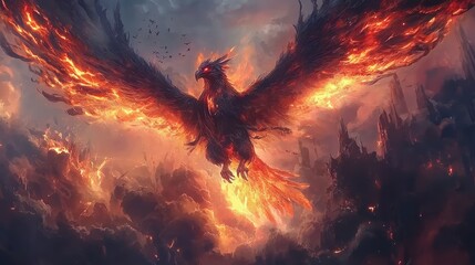 Majestic Phoenix Rising from Fiery Ashes in Dramatic Sky Surrounded by Dark Clouds and Glowing Flames, Symbolizing Rebirth, Transformation, and Hope