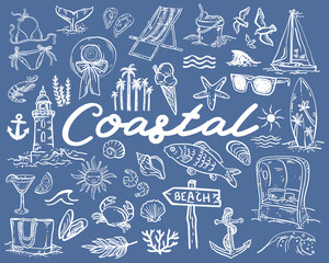 Whimsical coastal hand drawn vector illustrations - collection