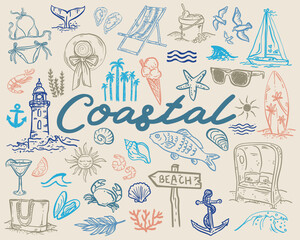 Whimsical coastal hand drawn vector illustrations - collection