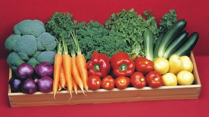 A vibrant display of fresh vegetables arranged in a wooden crate.