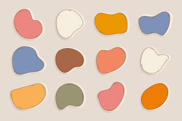 Vintage Hand Drawn Liquid Organic Blobs Forms Isolated on White Background. Blots with vibrant colors. Abstract and simple figures. Irregular dynamic shapes. Modern asymmetric spots