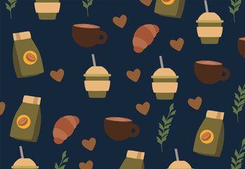 Coffee and leaves seamless pattern
