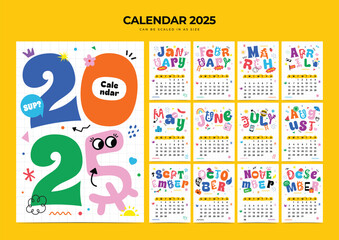 2025 desk calendar template with Colorful doodle theme