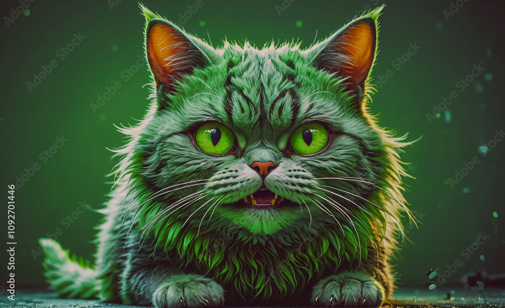 Poster cat with green fur is sitting on a table. it has green eyes and is looking at the camera