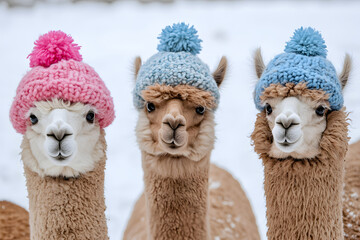 Obraz premium Cute photo of three alpacas wearing knit hats in a snowy winter landscape