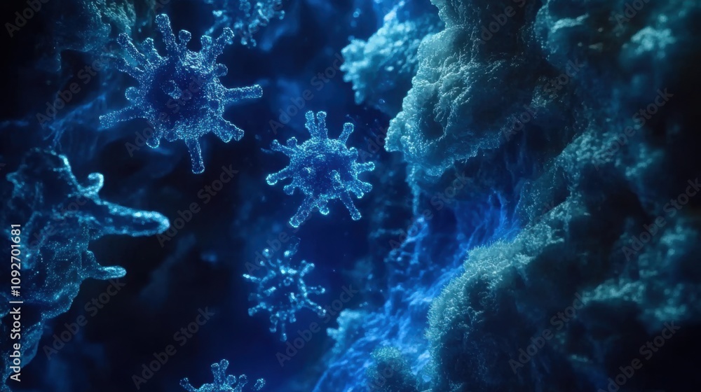 Aufkleber detailed close-up view of microscopic organisms illuminated by blue light, highlighting the intricat