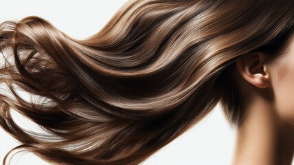 Fototapeta premium Beautiful model girl with Brown hair strand,silky healthy chestnut wavy hair strand isolated on white background,hair wavy ribbon, with smooth texture,vibrant shine,brunette hairpiece, hairy ribbon.