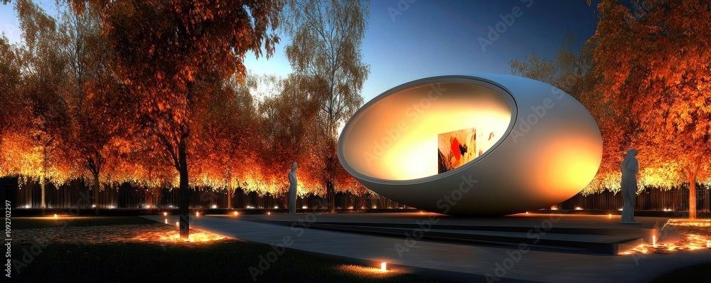 Poster a modern architectural structure illuminated at dusk, surrounded by autumn trees and candles.