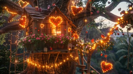 Obraz premium Whimsical Treehouse with Heart-Shaped Fairy Lights