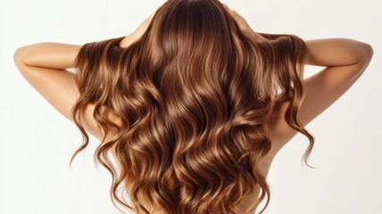 Naklejka premium Beautiful model girl with Brown hair strand,silky healthy chestnut wavy hair strand isolated on white background,hair wavy ribbon, with smooth texture,vibrant shine,brunette hairpiece, hairy ribbon.