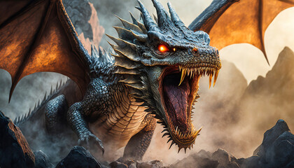 A roaring dragon with glowing orange eyes, leathery wings, and sharp fangs set in a rocky and smoky environment