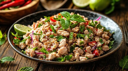 Fresh and Flavorful Thai Chicken Salad with Mint, Chili, and Lime Served on a Wooden Table for a Vibrant Culinary Experience