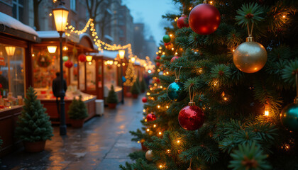 Traditional European Christmas Market Tree Glowing Festively Against Evening Marketplace