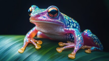 Vibrant Colorful Frog with Shimmering Skin Posing on Leaf, Showcasing Bright Eyes and Unique Patterns in Tranquil Nature Setting