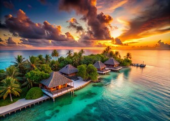 Obraz premium Luxurious Resort on a Serene Tropical Island with Crystal Clear Waters and Lush Greenery, Ideal for Relaxation and Escape, Featuring Private Villas and Stunning Sunsets