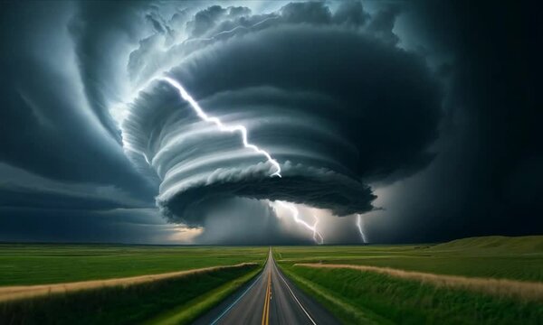 Dramatic supercell storm in with a perfectly spiraling updraft, lightning, thunderstorm clouds, view from a road.	