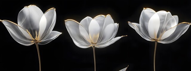 Exquisite gold and white glass tulip flower sculpture, transparent translucent medium with golden edges on a black background
