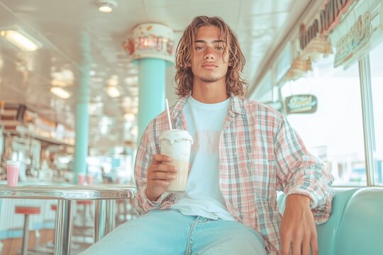 A 90s teen hanging out at a diner, sipping a milkshake. Generative AI