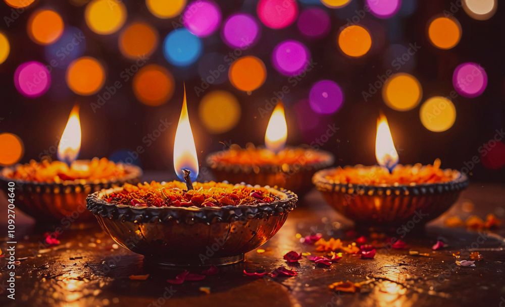 Poster four candles are lit and arranged in a row on a table. the candles are orange and have a warm glow. 