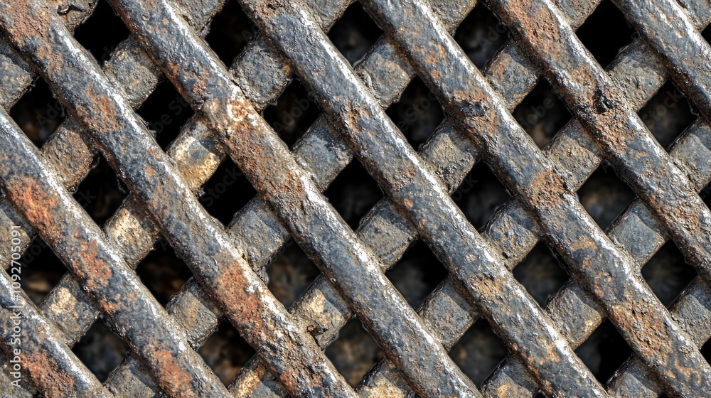 Poster close-up of a rusty metal grate with a crisscross pattern.