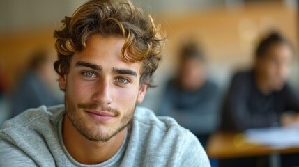 Fototapeta premium Intelligent-looking young male student, focused and determined, seated in a university classroom setting