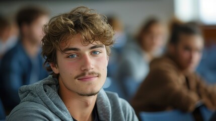 Fototapeta premium Intelligent-looking young male student, focused and determined, seated in a university classroom setting