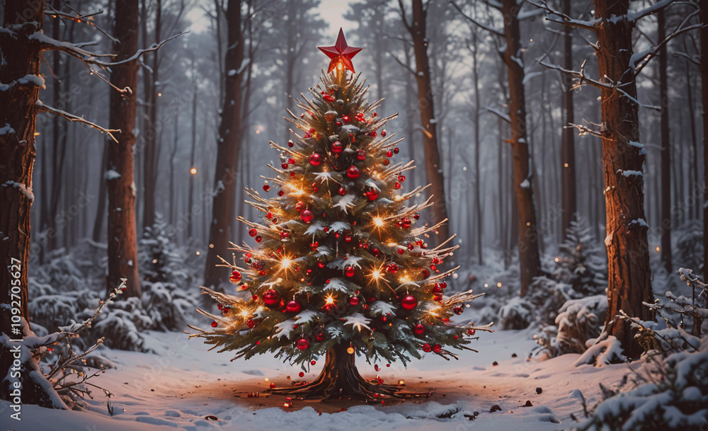 Poster christmas tree with red ornaments and a star on top. the tree is surrounded by snow