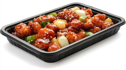 Delicious and Colorful Sweet and Sour Chicken with Vegetables in a Black Takeout Container Ready for Enjoyment