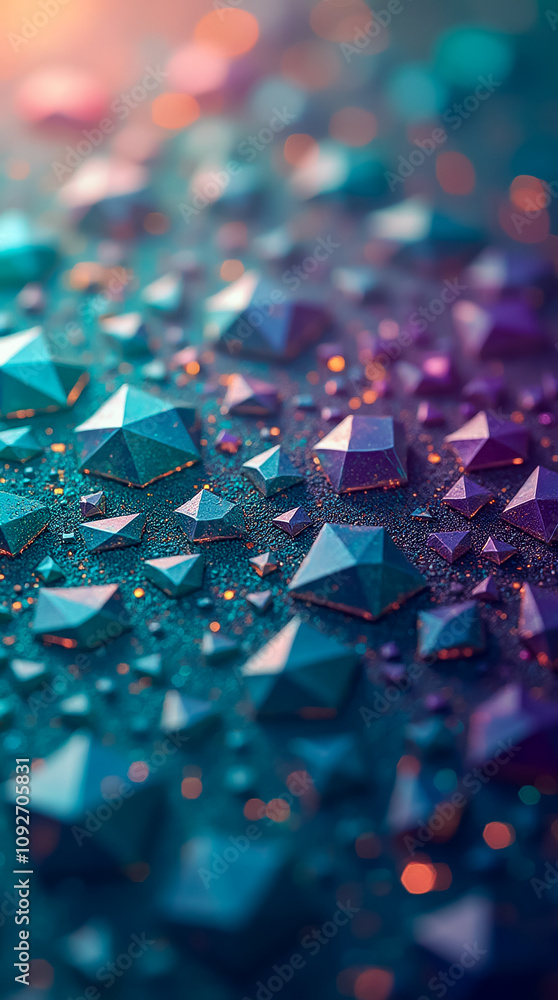 Poster textured surface showcases numerous small facets reflecting dynamic colors creating an intricate pat
