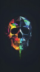 A low-poly black skull with colorful abstract geometric patterns on the right and left sides, set against a solid background