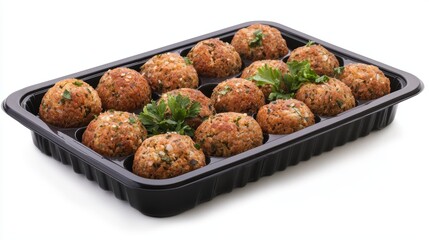 Deliciously Prepared Healthy Grain Balls with Fresh Herbs in Black Plastic Tray, Perfect for Appetizers or Snacks at Gatherings and Events