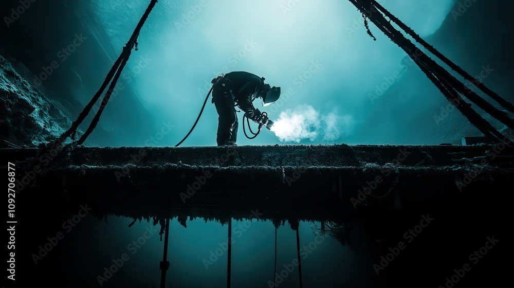 Poster diver engaged in underwater exploration, emitting bubbles and steam while capturing unique visuals i