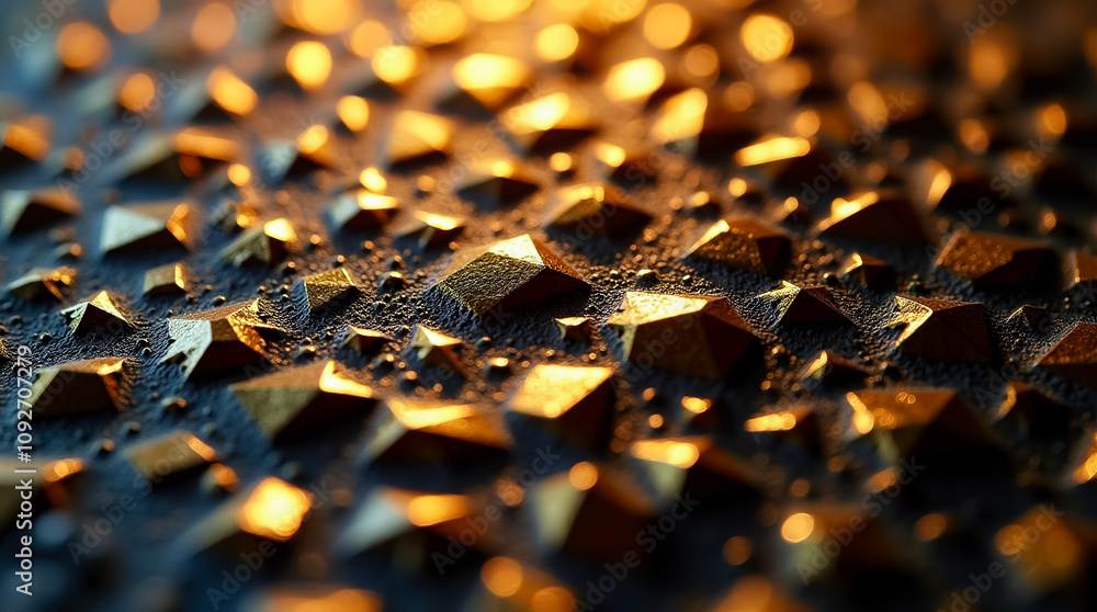 Poster intricate surface glimmers in gold tones with small triangular and polygonal patterns under soft lig