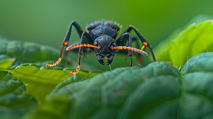 Naklejka premium A close-up view of a black ant with orange markings on its head and legs, perched on a green leaf.